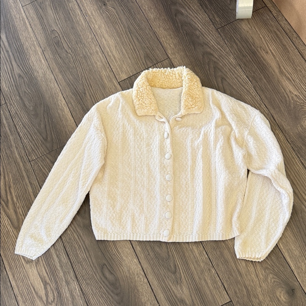 Vintage Cream Button-Up cardigan sweater with wool collar